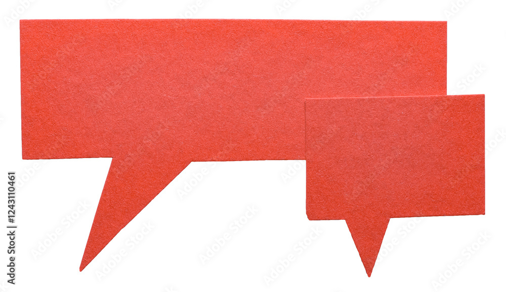 Poster red blank cut out cardboard paper speech bubbles with rough edges and copy space for text on transpa