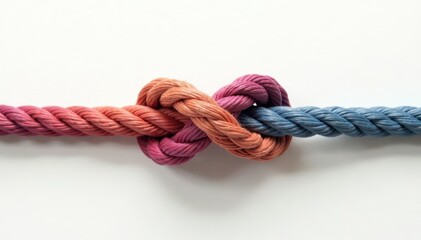 Complexly woven rope knot against white backdrop High resolution image , rustic, string