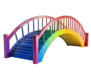 vibrant rainbow colored pedestrian bridge, showcasing playful design and bright hues, perfect for enhancing urban landscapes and inviting exploration
