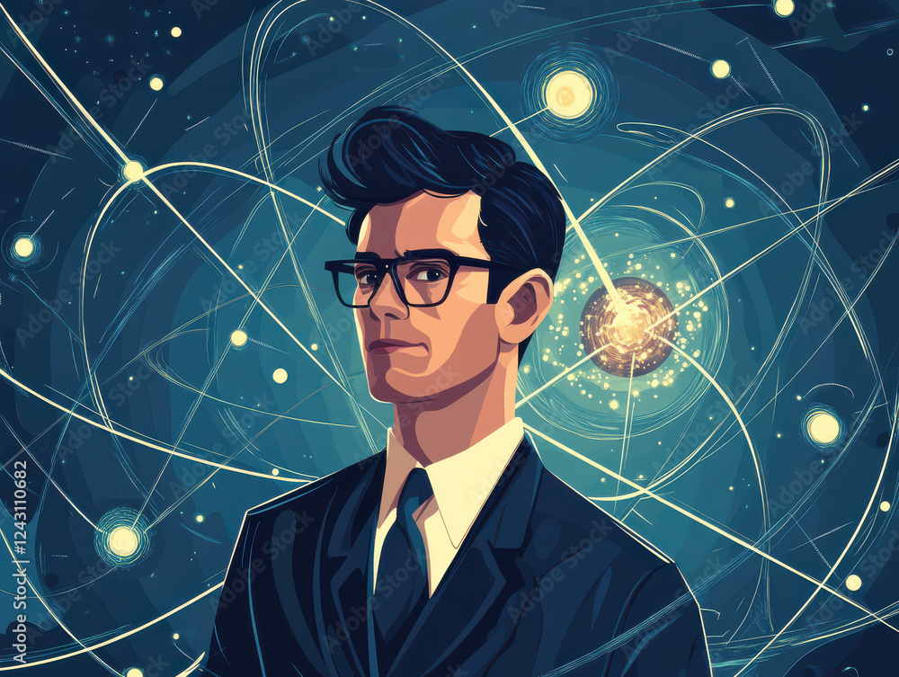 Poster physicist in suit stands confidently against backdrop of swirling particle physics equations and cel
