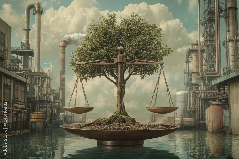 Poster a tree is on a scale with two scales, one of which is empty