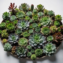 An arrangement of exotic succulents in various shades of green, artfully displayed on a stark white backdrop.