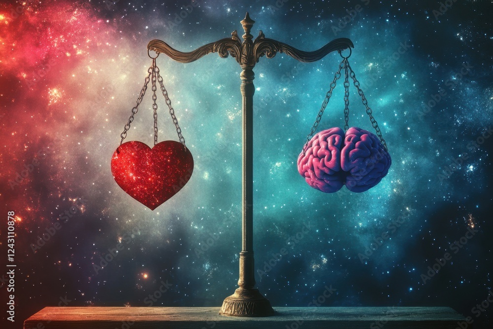 Poster a balance scale with a heart on one side and two brains on the other