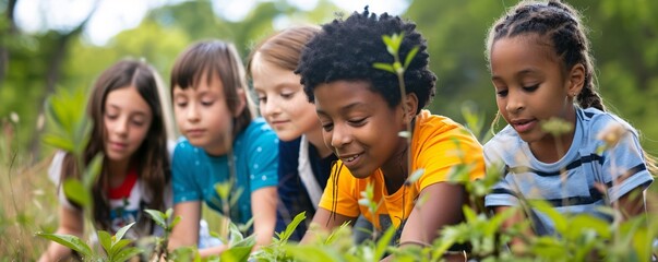 Diverse group of children smiling and exploring nature in the forest during a sunny day