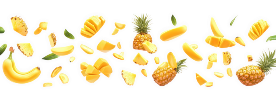 Fresh tropical fruits including mangoes and pineapples are beautifully arranged, showcasing vibrant colors and textures. This lively composition evokes sense of summer and freshness