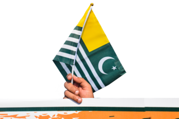 Kashmir national flag waving in male hand, Azad Kashmir flag isolated on white background. 