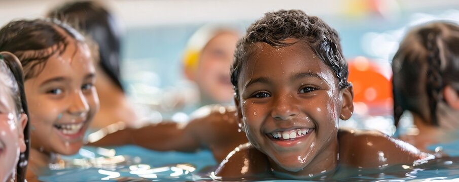 Happy boy smiling while swimming with friends in a pool portrait