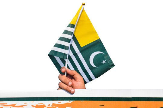 Kashmir national flag waving in male hand, Azad Kashmir flag isolated on white background. 