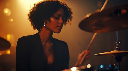 Naklejka premium Female drummer performing passionately in a vibrant setting, captivating the audience with her energy and skills on the drum kit.