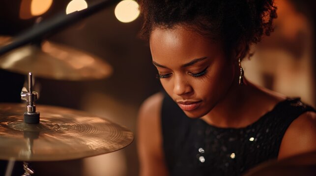 Focused Young Musician Playing Drums in a Warmly Lit Setting