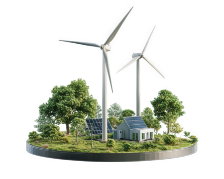 Sustainable energy landscape featuring wind turbines, solar panels, and house surrounded by trees, symbolizing modern eco friendly living