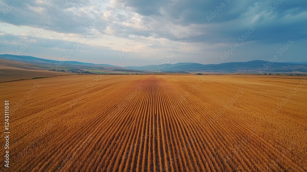 Aufkleber golden fields ripple under a cloudy sky, showcasing rows of crops reaching toward the horizon. dista