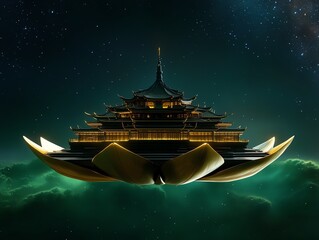 A floating monastery resting atop a massive golden lotus, glowing softly as it drifts through a starry void