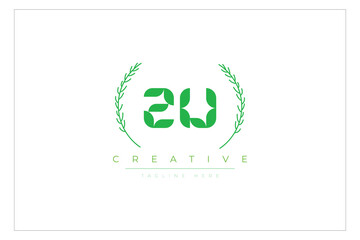 ZU letters eco logo with leaf. Fresh nature and healthy leaf logo design.