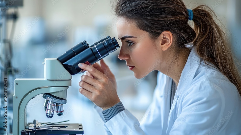 Poster focused scientist using a microscope in a cutting-edge laboratory: scientific research and discovery