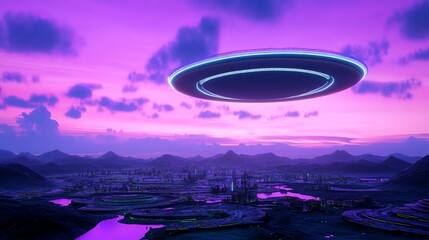 A futuristic floating megacity suspended by energy fields, glowing with neon lights in a perpetual dusk
