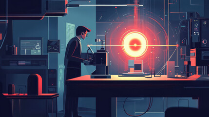 physicist conducting laser experiment in modern laboratory, surrounded by advanced equipment and glowing visuals, showcasing intersection of science and technology