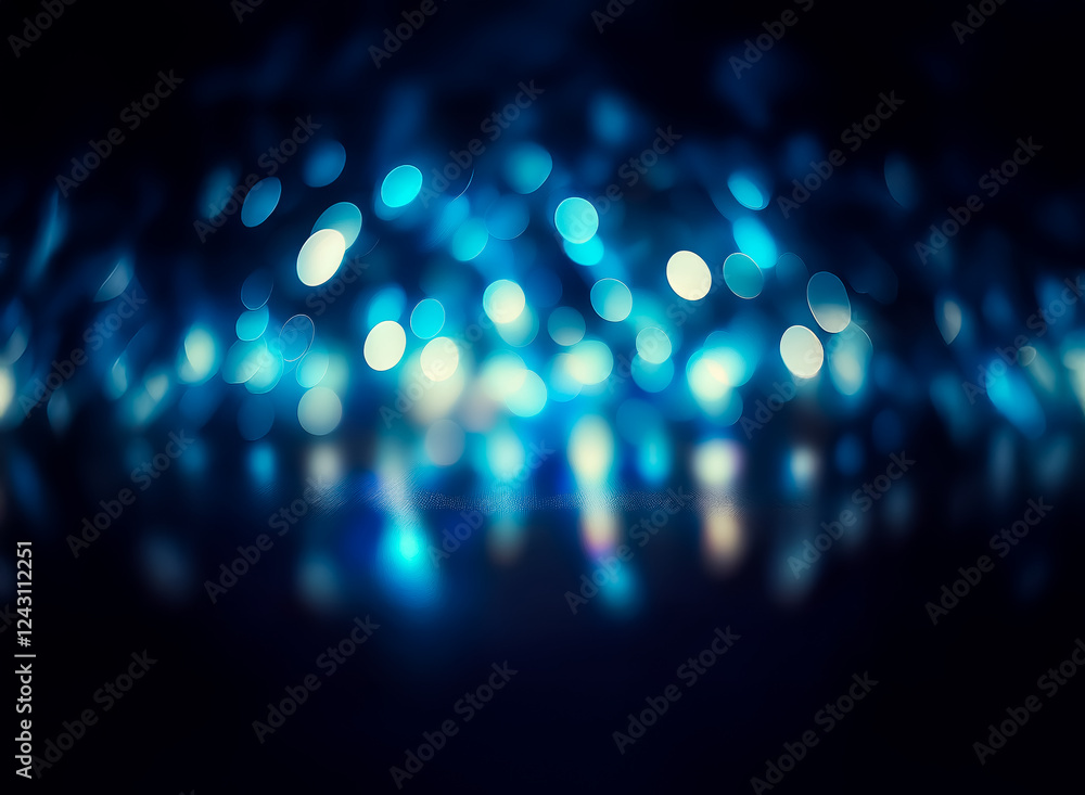 Poster abstract blurred blue lights create a bokeh effect on a dark background, evoking a sense of mystery 
