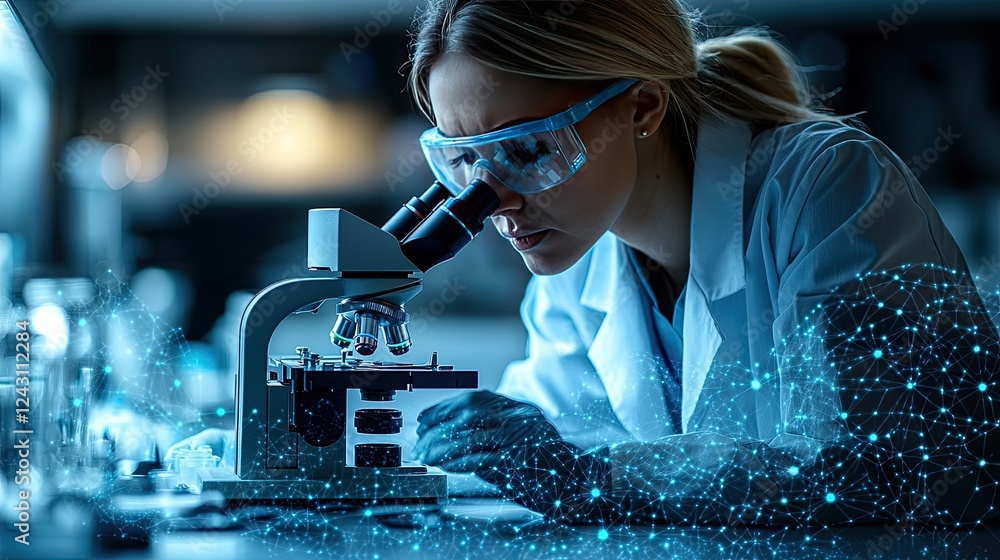 Poster focused scientist using microscope in advanced laboratory: a glimpse into scientific discovery and i