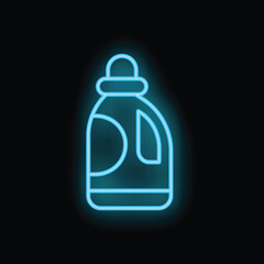 Neon sign of a detergent bottle glowing blue against a black background, perfect for laundry and cleaning concepts