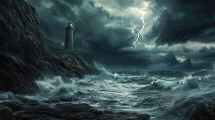A Stormy Night at the Lighthouse: Waves Crash in Thunderous Roar