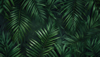 Lush green palm leaves through which soft rays of the sun break through, creating a play of light and shadow