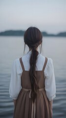 A young woman stands by the lake
