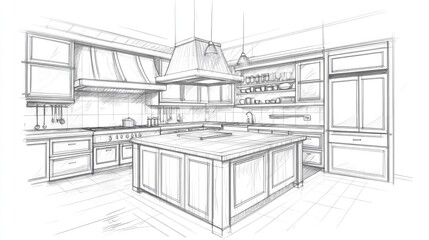 Detailed Black And White Kitchen Design Sketch Showing Island And CabinetsWith Drawings and Design Plans for Kitchen Design. A layout and planning sketches for kitchen interior featuring design