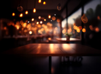 Cozy restaurant interior featuring a wooden table in the foreground and soft, blurred, warm lights in the background creating a relaxing atmosphere.