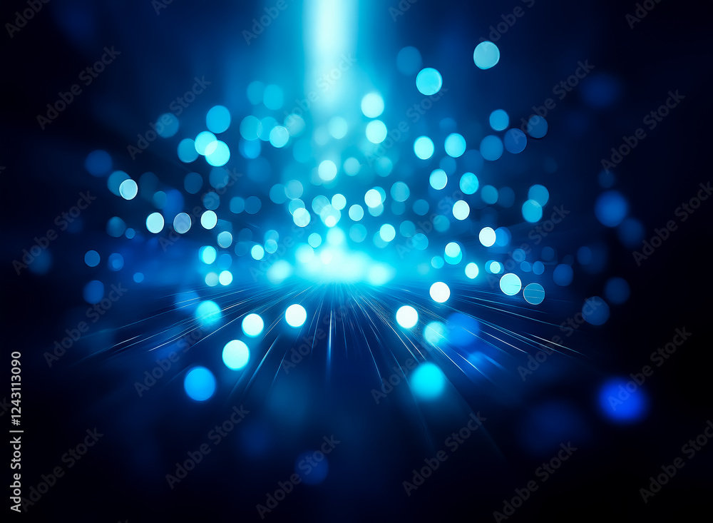 Poster a burst of radiant blue light illuminates the dark backdrop, creating a bokeh effect with glowing ci