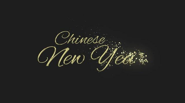 Happy Chinese New Year gold particles text animation on black and grey background Gold text lettering animation for celebrating and wishing happy chinese new year to your loved ones