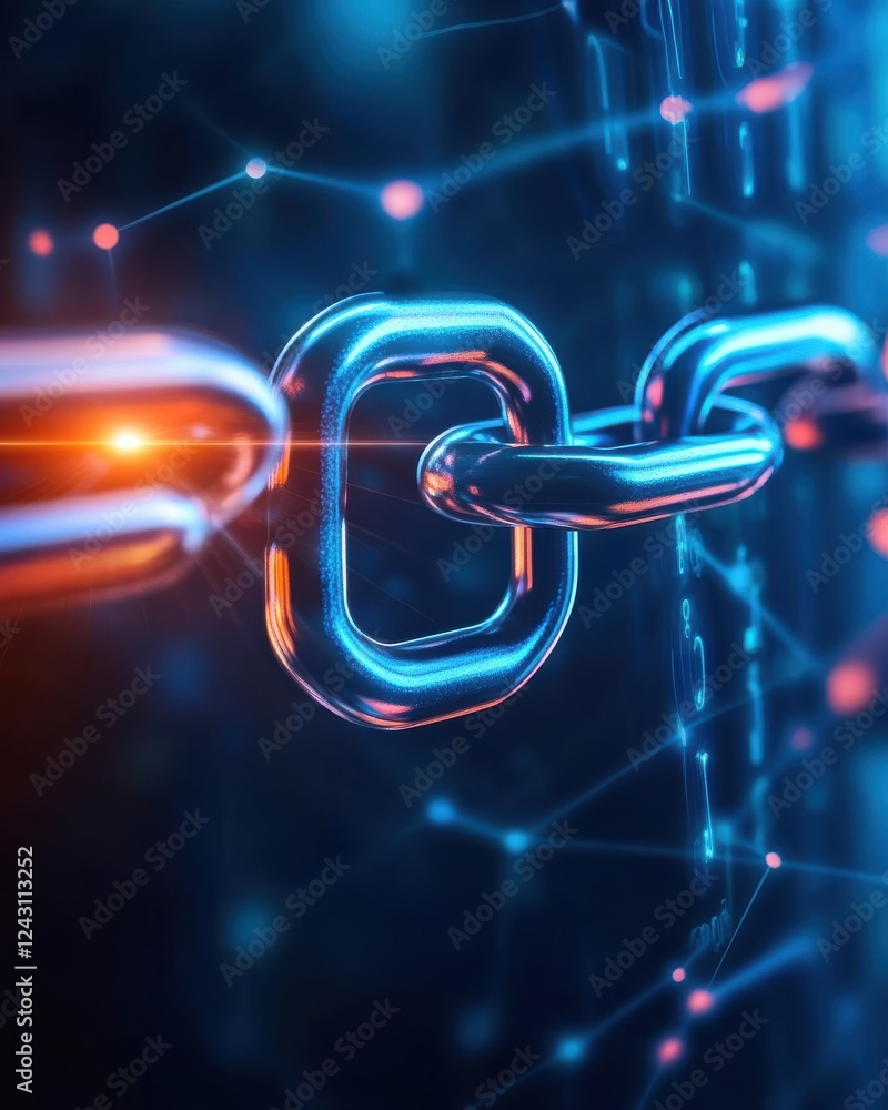 Poster a close-up view of a digital chain link, symbolizing blockchain technology and connectivity in the m