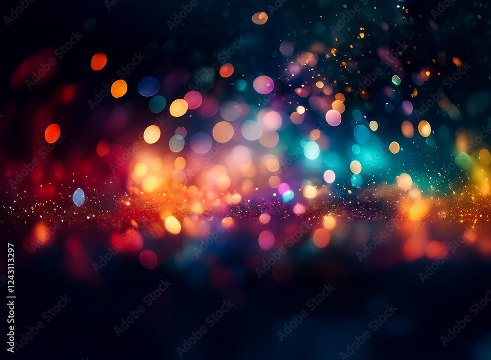 Poster abstract vibrant bokeh lights float against a dark backdrop, creating a dreamy and festive atmospher