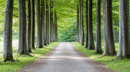 Fototapeta premium A serene pathway lined with lush green trees, inviting a peaceful stroll through nature's beauty.