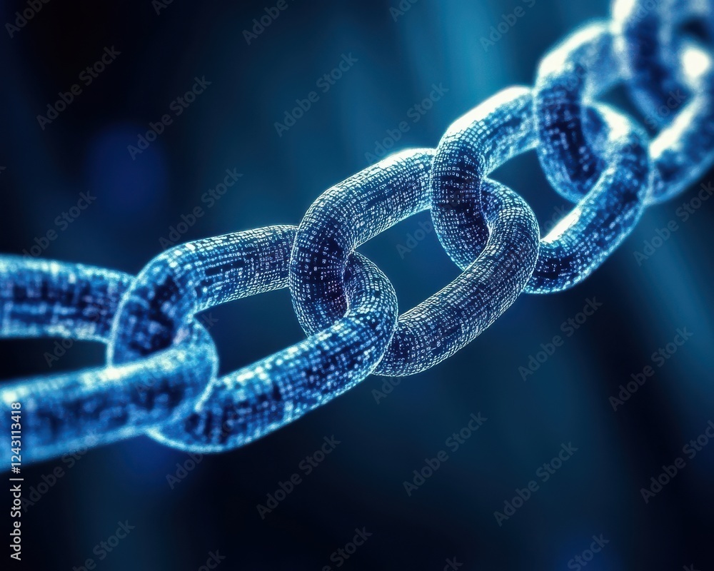 Poster a close-up view of a digital chain link, representing connectivity and security in a technologically
