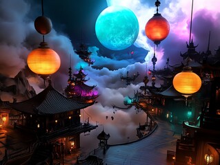 A mystical floating marketplace where merchants sell glowing artifacts from different dimensions, surrounded by celestial light
