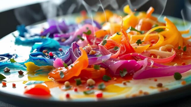 A vibrant and colorful dish featuring swirling patterns of spices and colorful ingredients, providing a feast for the eyes.