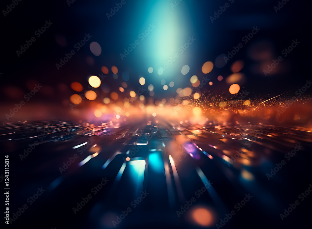 Poster abstract image featuring vibrant light streaks and bokeh circles against a dark backdrop, creating a