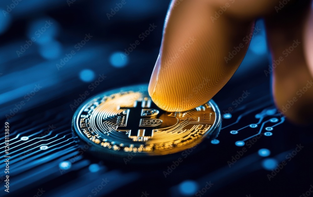 Aufkleber a close-up view of a finger touching a bitcoin on a digital circuit board, symbolizing cryptocurrenc