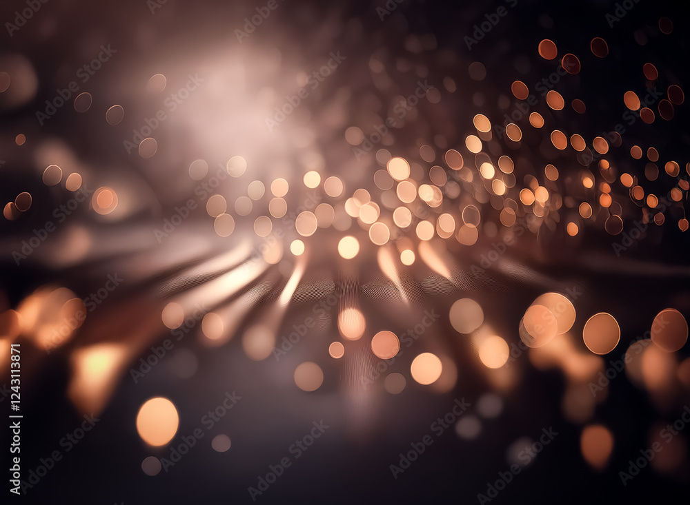 Poster abstract blurry image featuring warm golden bokeh lights scattered across a dark backdrop, creating 