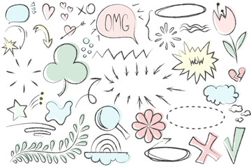 Fototapeta premium Sketch line elements, star, heart shape. Hand drawn doodle sketch style circle, cloud speech bubble element set. Vector illustration