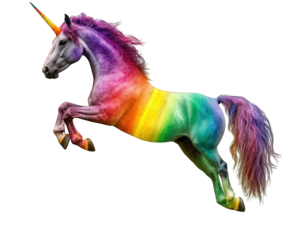 rainbow colored unicorn jumping joyfully, showcasing its vibrant mane and magical presence. This enchanting creature embodies fantasy and wonder, captivating all who see it