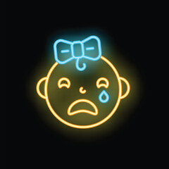 Bright neon icon of a crying baby girl wearing a blue bow on a black background