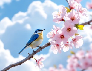 Fototapeta premium Azure bird perched on cherry blossom branch, basking in spring's light