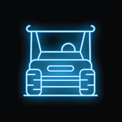 Blue glowing neon line icon representing a golf car seen from the front on a black background