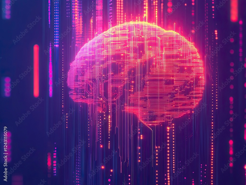 Poster abstract futuristic digital brain with circuit board lines on blue background, artificial intelligen
