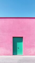 Large pink wall with a single centered green door.