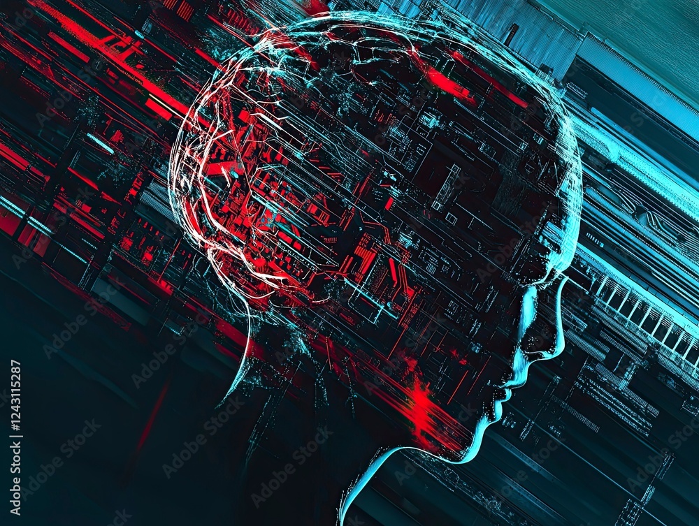 Poster abstract futuristic digital brain with circuit board lines on blue background, artificial intelligen