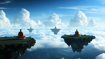 A sky temple where monks meditate on floating lotus petals, suspended between realms of existence