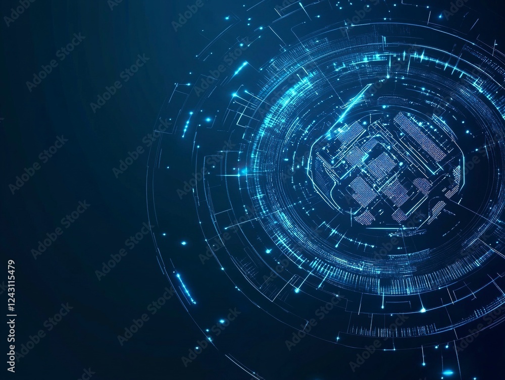 Poster abstract futuristic digital brain with circuit board lines on blue background, artificial intelligen